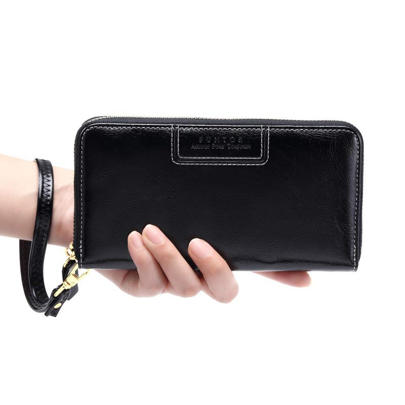 FT FUNTOR Wristlet Wallet for Women, Ladies Zip around Wallet PU Vegan Leather Clutch Long Purse Phone Card Holder Organizer Black - Image 3